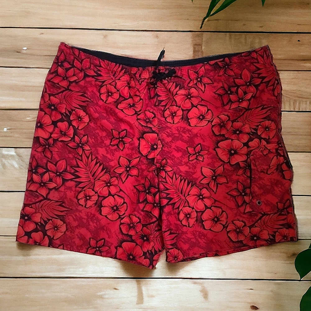 Islander Men's Red & Black Tropical Floral Swim Trunks Size XL